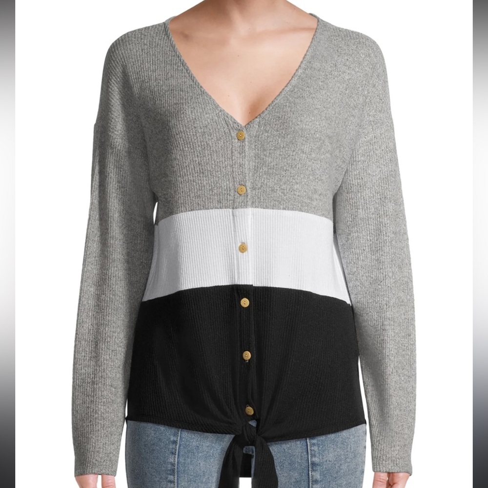NEW Black White Grey Color Block Button Soft V Neck Tie Top Large